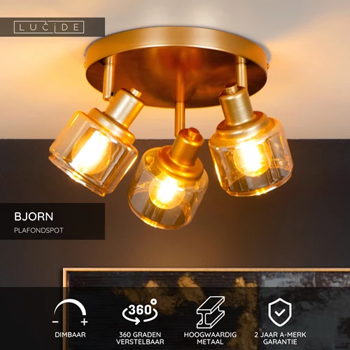 Lucide BJORN - Plafondspot - Ø 38 cm - 3xE14 - Mat Goud / Messing - USP